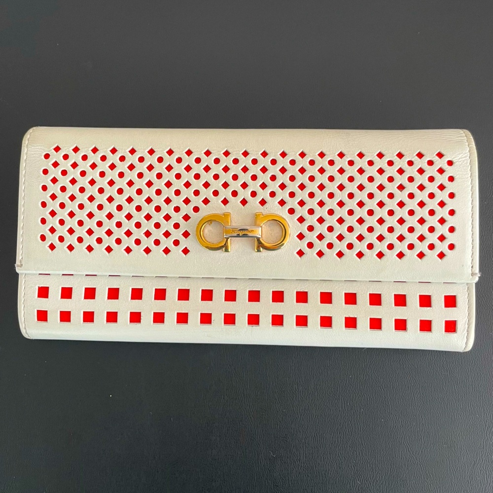 Ferragamo Long Perforated Wallet, White and Orange-Red